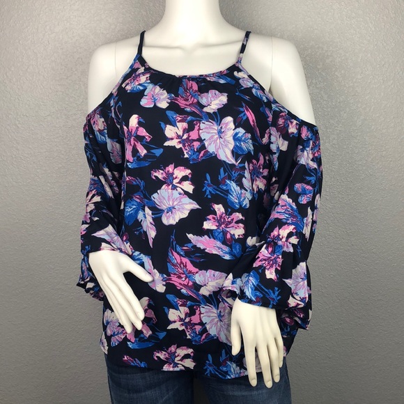 Seven Sisters Blue/Purple Floral Cold Shoulder Top - Picture 2 of 3